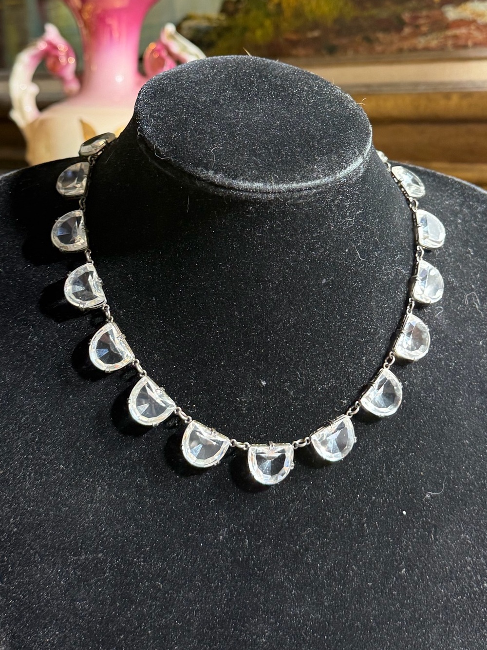 Antique 1920’s Sterling Silver Cleat Crystals Quartz Choker Necklace